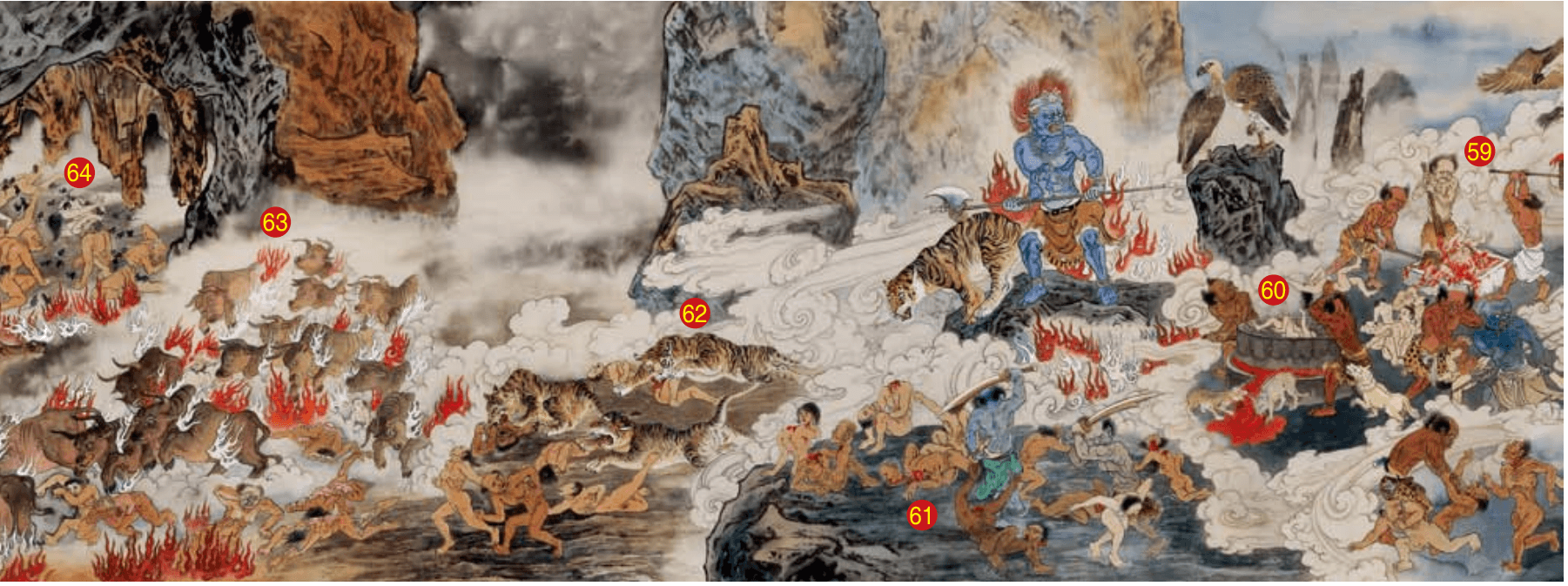 第六殿卞城王:碓搗地獄、磨摧地獄、斫頭地獄、虎啖地獄